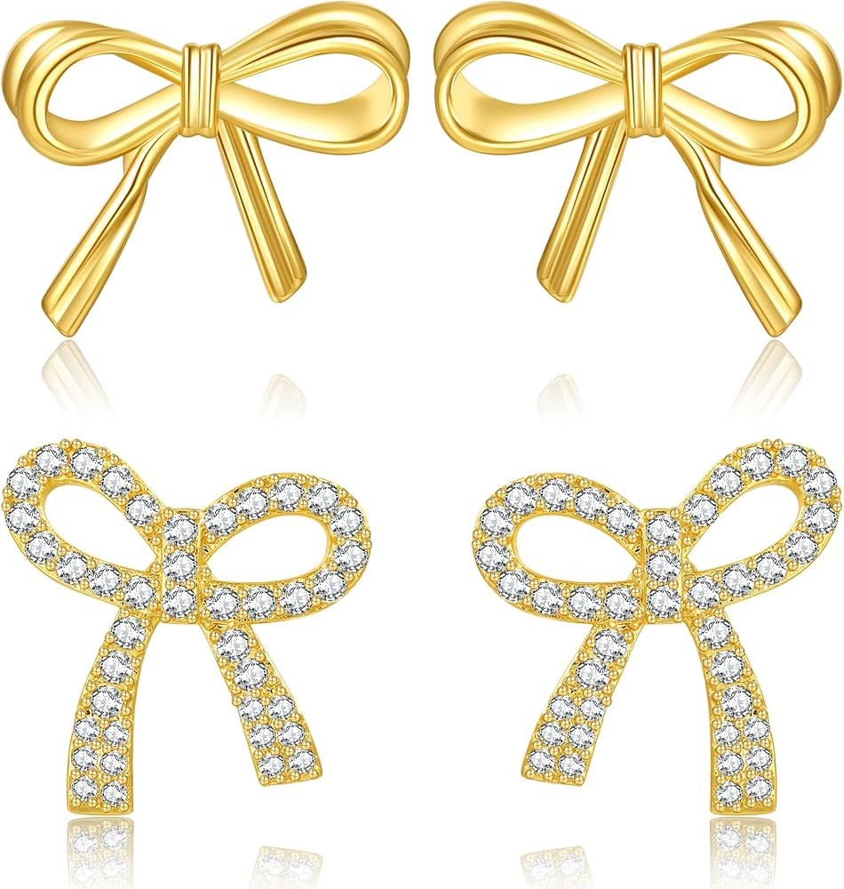 Sterling Silver Bow Earrings, 14K Gold Bow Earrings for Women, Lightweight 925 Sterling Silver Ri... | Amazon (CA)