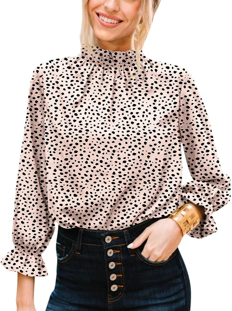 Womens Blouses Dressy Casual Tops Long Sleeve Top Mock Neck Shirts Frill Trim Work Blouse | Amazon (US)