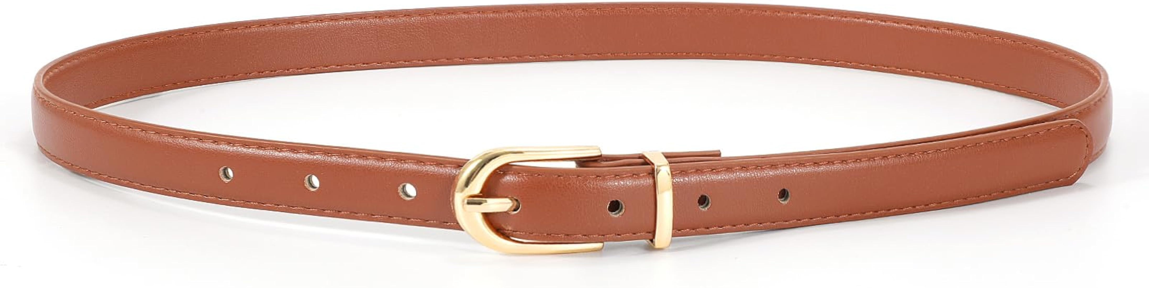 Womens Thin Leather Belt Skinny Faux Leather Belt for Jeans Dress with Gold Alloy Buckle | Amazon (US)