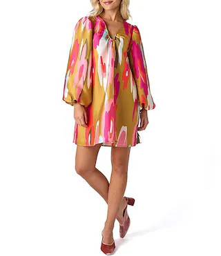 Beckham Satin Twill Long Balloon Sleeve U-Neckline Shift Dress | Dillard's