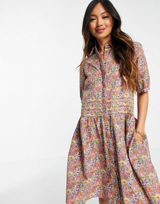 Y.A.S organic cotton mini shirt dress with volume skirt in floral print | ASOS (Global)