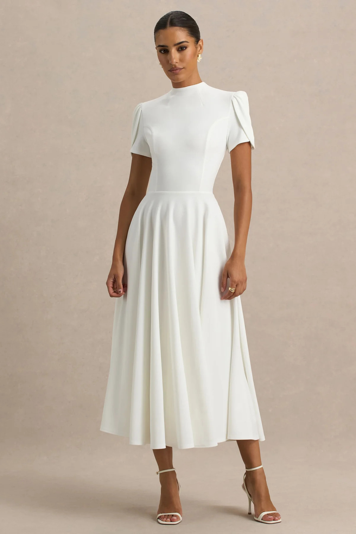Vicky | White High Neck Midi Dress With Puff Sleeves | Club L London