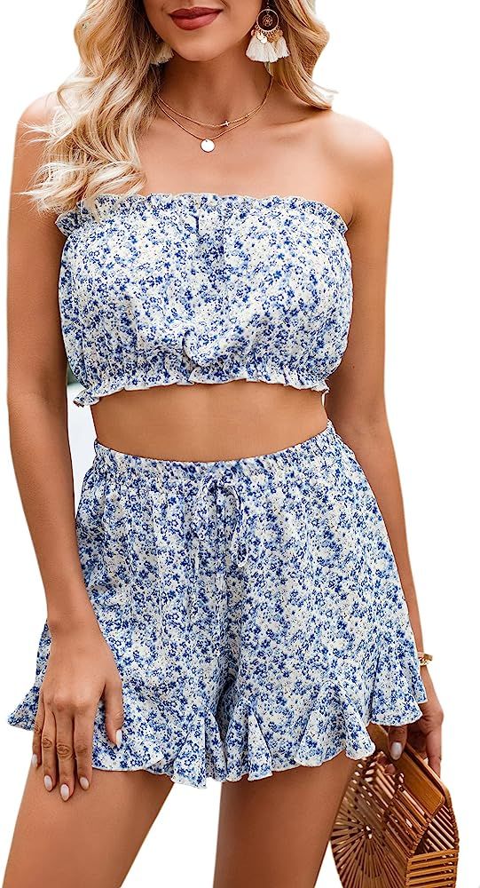 ECOWISH Women's Two Piece Outfits Summer Floral Strapless Crop Tops and Shorts Set Ruffle Sexy Beach | Amazon (US)