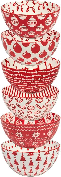 Peppermint Candy 13oz Porcelain Bowls, Set of 6 \u2013 Festive Red & White Christmas All Purpose ... | Amazon (US)