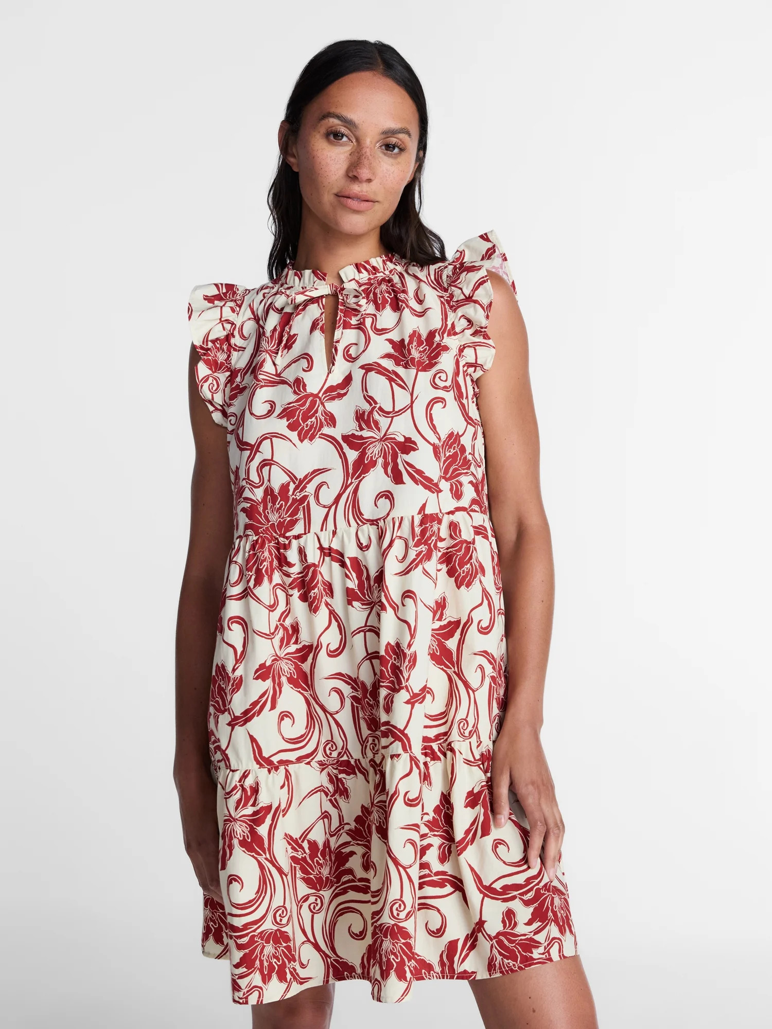 Time and Tru Women's and Women's Plus Tiered Cotton Mini Dress with Flutter Sleeves, Sizes XS-4X | Walmart (US)