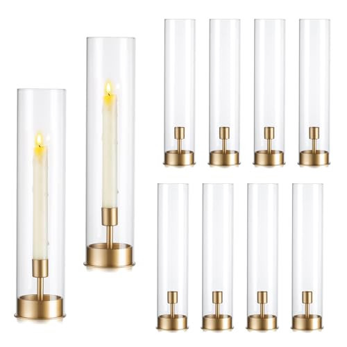 Hewory Hurricane Taper Candle Holders: 10Pcs Gold Candlestick Holders for Table Centerpiece, Glass Hurricane Candle Stick Candle Holder for Wedding Reception, Parties Christmas Home Decor | Amazon (US)