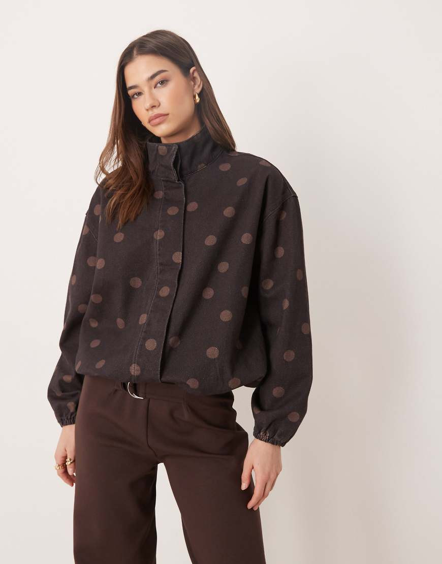 ASOS DESIGN denim funnel neck jacket in chocolate polka dot-Brown | ASOS (Global)