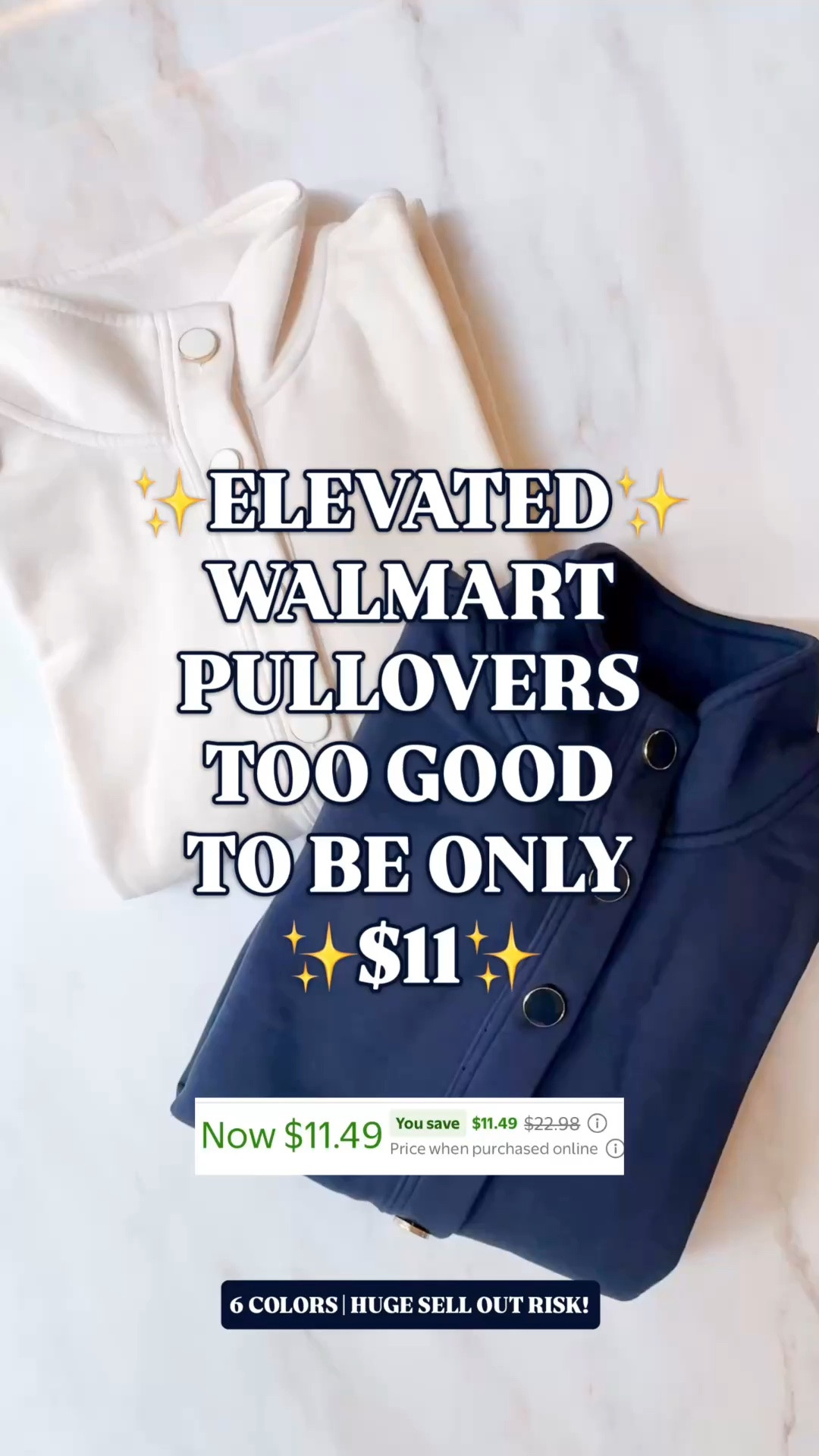 Viral Walmart pullover | $11 Walmart clearance | Tnuck Sport look for less | Varley inspired pullover | fall outfit

Immediate add to cart situation.

At $22, this was already one of Walmart’s best fall buys. At $11, it is a straight up steal.

This is the Time and Tru pullover that went viral and sold out last winter, and the designer read is very specific.

The Tnuck Sport Bailey influence comes from the high collar, quarter button placket, polished preppy silhouette, and elevated gold finish buttons. Those buttons are what take it out of regular sweatshirt territory.

The Varley comparison comes from the soft cotton blend fleece, relaxed drape, drop shoulder sleeves, ribbed cuffs, ribbed hem, and that DoubleSoft style lounge feel.

I own the navy and cream. Available in 6 colors from XS through 3X.

Wear it with jeans, white denim, leggings, joggers, tennis skirts, loafers, sneakers, barn jackets, quilted vests, or a button down underneath. It works for school pickup, travel days, airport outfits, coffee runs, errands, soccer sidelines, work from home, lake weekends, and everyday fall outfits.

Walmart clearance find, viral Walmart pullover, $11 Walmart pullover, Walmart fall fashion, Walmart fashion finds, Walmart style, Walmart finds, Time and Tru pullover, quarter button pullover, gold button pullover, high neck pullover, Tnuck Sport Bailey look for less, Tnuck Sport inspired pullover, Tuckernuck Sport look for less, Varley inspired pullover, Varley DoubleSoft look for less, soft fleece pullover, cotton blend pullover, preppy pullover, preppy activewear, elevated athleisure, fall pullover, fall outfit, fall wardrobe staple, travel outfit, airport outfit, leggings outfit, school pickup outfit, designer look for less

#LTKFindsUnder50 #WalmartFinds #WalmartStyle #PreppyStyle #FallOutfit #TravelOutfit #LookForLess

#LTKSaleAlert #LTKSeasonal #LTKSaleAlert #LTKTravel