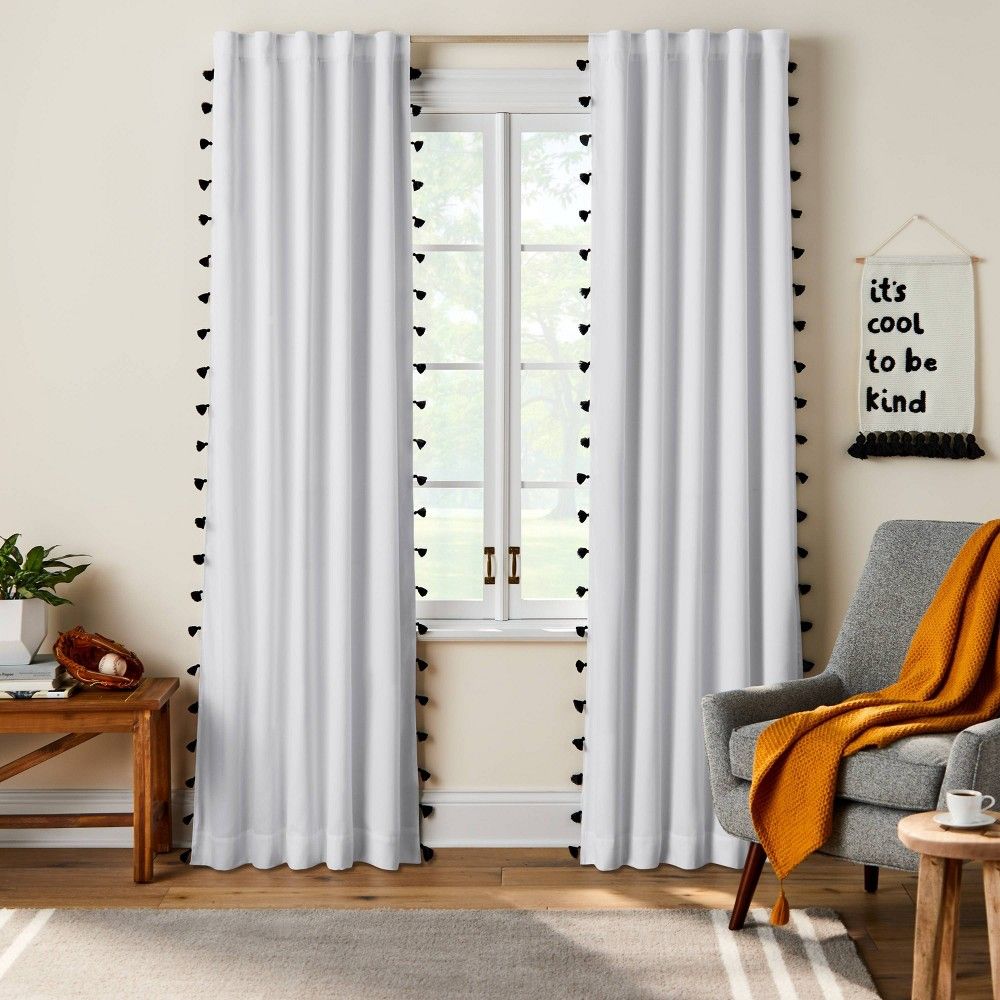 84"" Blackout Tassel Curtain Panel White/Black - Pillowfort | Target