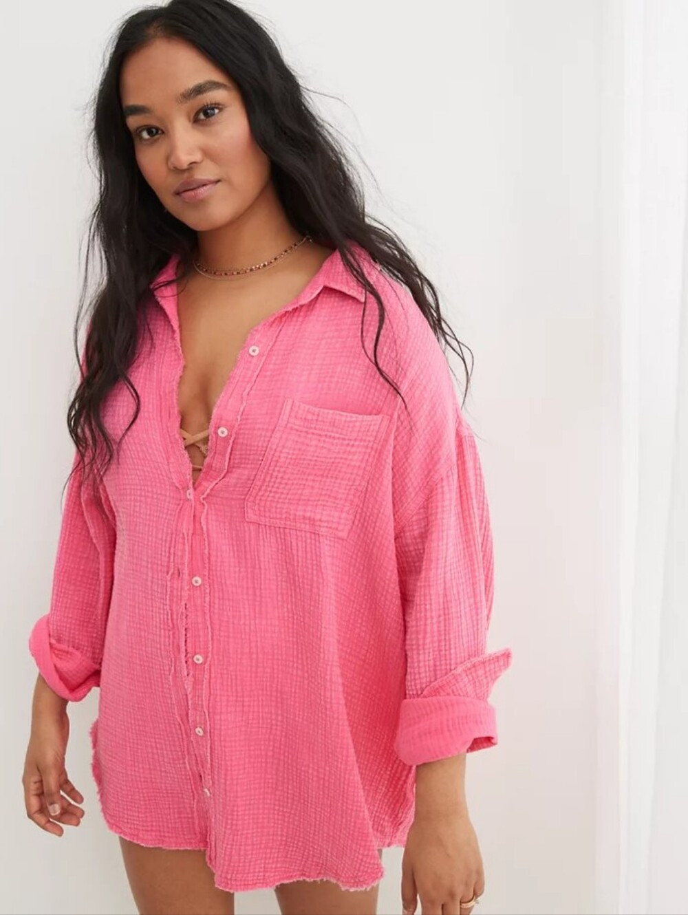 Aerie | Bright Pink Gauzy Coverup Lounge Button Down Shirt Size Large | Poshmark