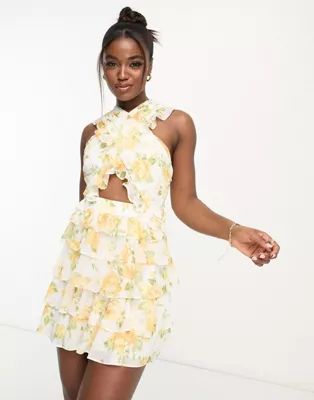 Ever New cut out waist mini dress in yellow floral  | ASOS | ASOS (Global)