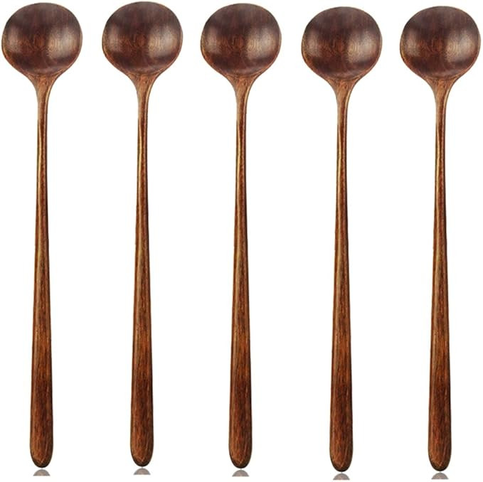 Long Spoons Wooden, 5 Pieces Korean Style 10.9 inches 100% Natural Wood Long Handle Round Spoons ... | Amazon (US)