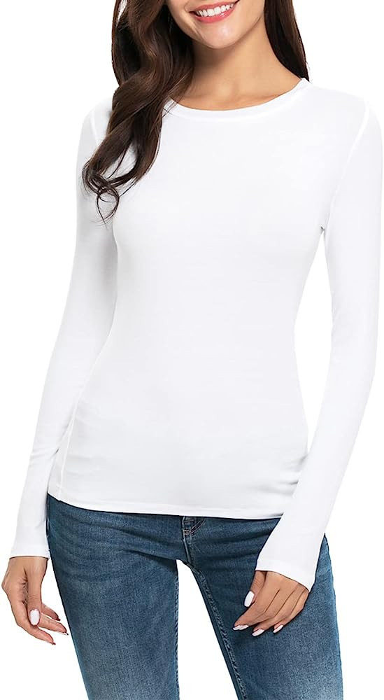 Women Long Sleeve Crew Neck/Scoop Neck Rayon Slim Fit Stretchy Layer T Shirts Tops | Amazon (US)