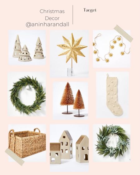 Target Christmas decor, bottle brush trees, ceramic trees, wreath, tree basket, ceramic houses, stocking, star, garland 

#LTKhome #LTKHoliday #LTKSeasonal