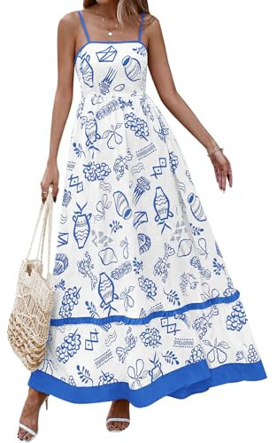 PRETTYGARDEN Summer Spaghetti Strap Dresses for Women 2026 Flowy Sundresses Casual Boho Sleeveless Beach Maxi Long Dress(Floral White Blue,Large) | Amazon (US)