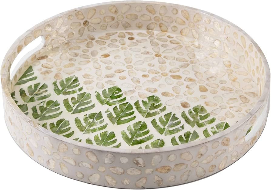 12 Inch Mother of Pearl Inlay Round Serving Tray | Coffee Table Wooden Tray w Insert Handles - Lu... | Amazon (US)