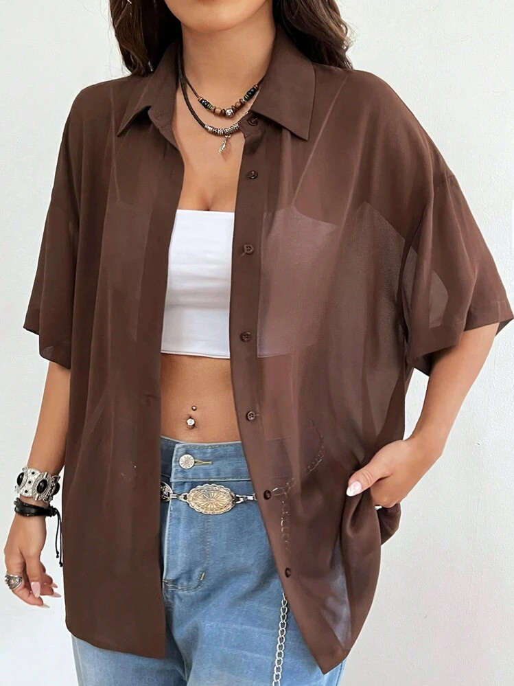SHEIN EZwear Vintage Casual Brown Sheer Shirt For Women's Music Festival Outfits | SHEIN