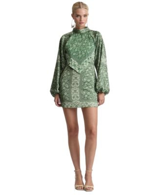 Avec Les Filles Women's Printed Satin High Neck Scarf Mini Dress - Green Autumn Poppy Scarf | Macy's