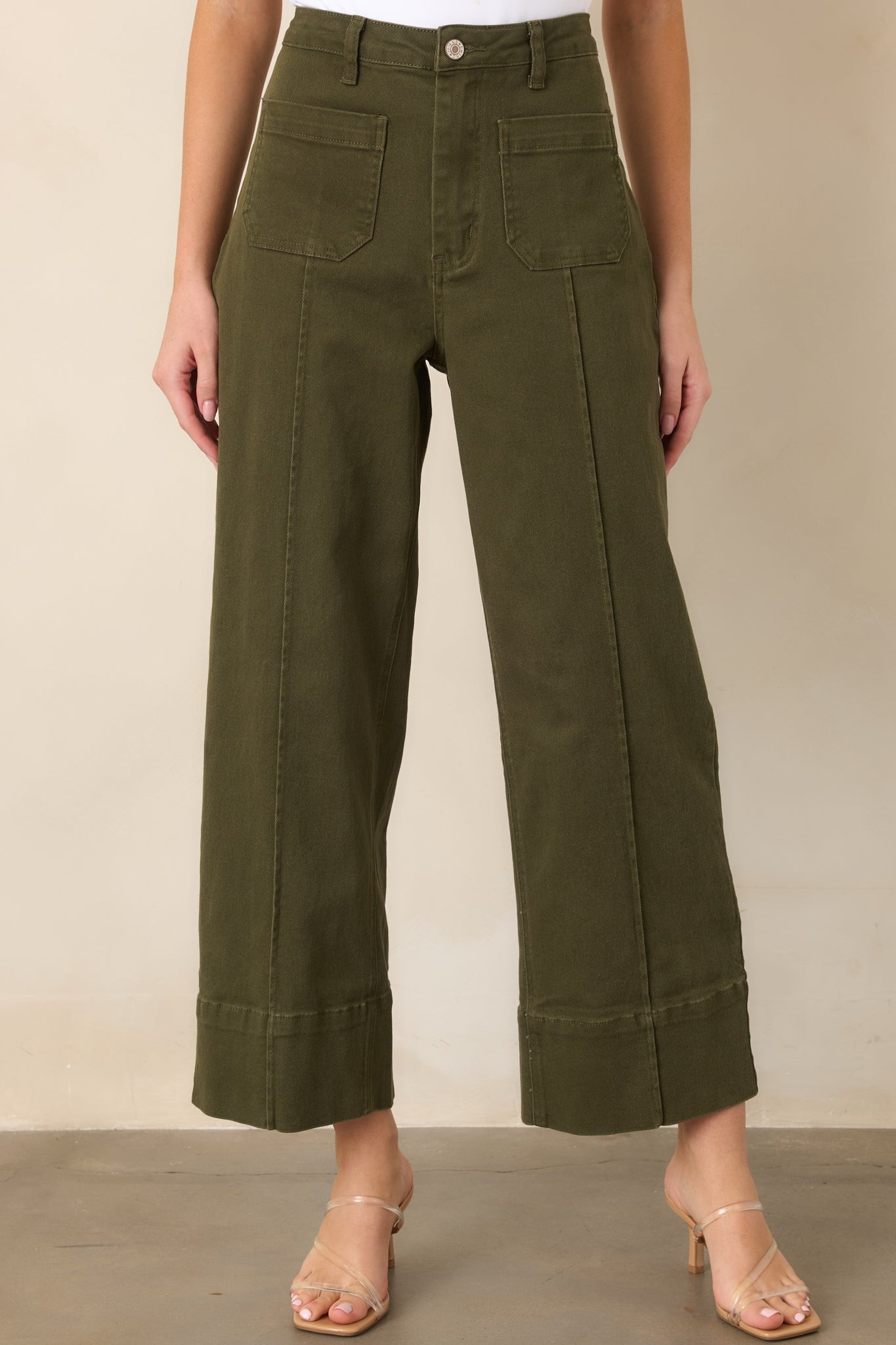 On the List Olive Green Cotton Wide Leg Crop Pants | Red Dress