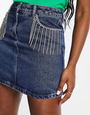 Miss Selfridge diamante fringe micro mini skirt in dark wash blue | ASOS (Global)