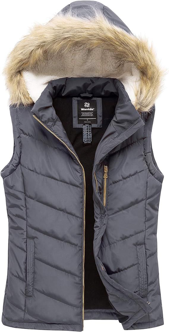 Wantdo Women's Thicken Winter Vest Quilted Warm Puffer Vest with Faux Fur | Amazon (US)