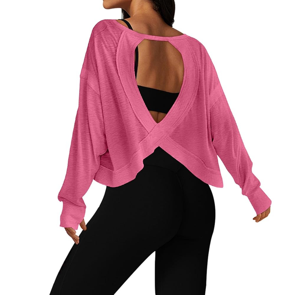 Open Back Workout Tops for Women Long Sleeve Cropped Athletic Clothes Gym Running Yoga Low Impact... | Amazon (US)