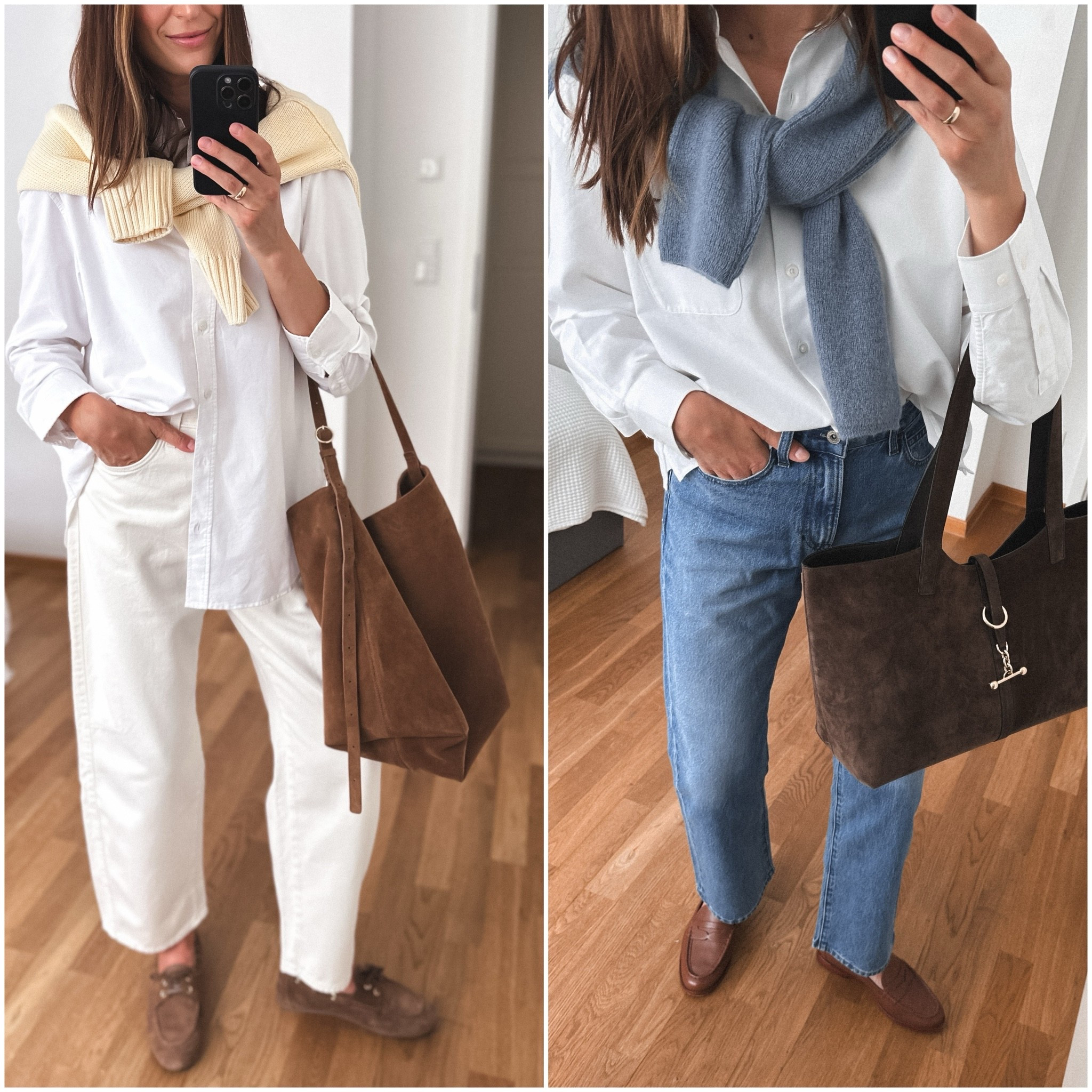 My Everyday Outfit Formula

Two ways I wear the same outfit formula — always built on neutrals, denim, and soft layers.

Photo A :
Long White Shirt - oversized, would recommend sizing down, soft Oxford cotton under €20
Jeans - lightweight / lyocell blend - would recommend sizing down - wearing size 26.

Photo B:
Cropped shirt - quite oversized, so I would recommend sizing down
Jeans - soft cotton, run big, would recommend sizing down at least 1 size, wearing 25 (31 length)