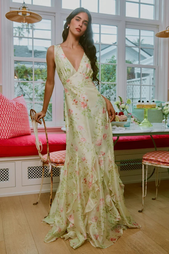 Deluca Cream Floral Sleeveless Ruffled Maxi Dress | Lulus