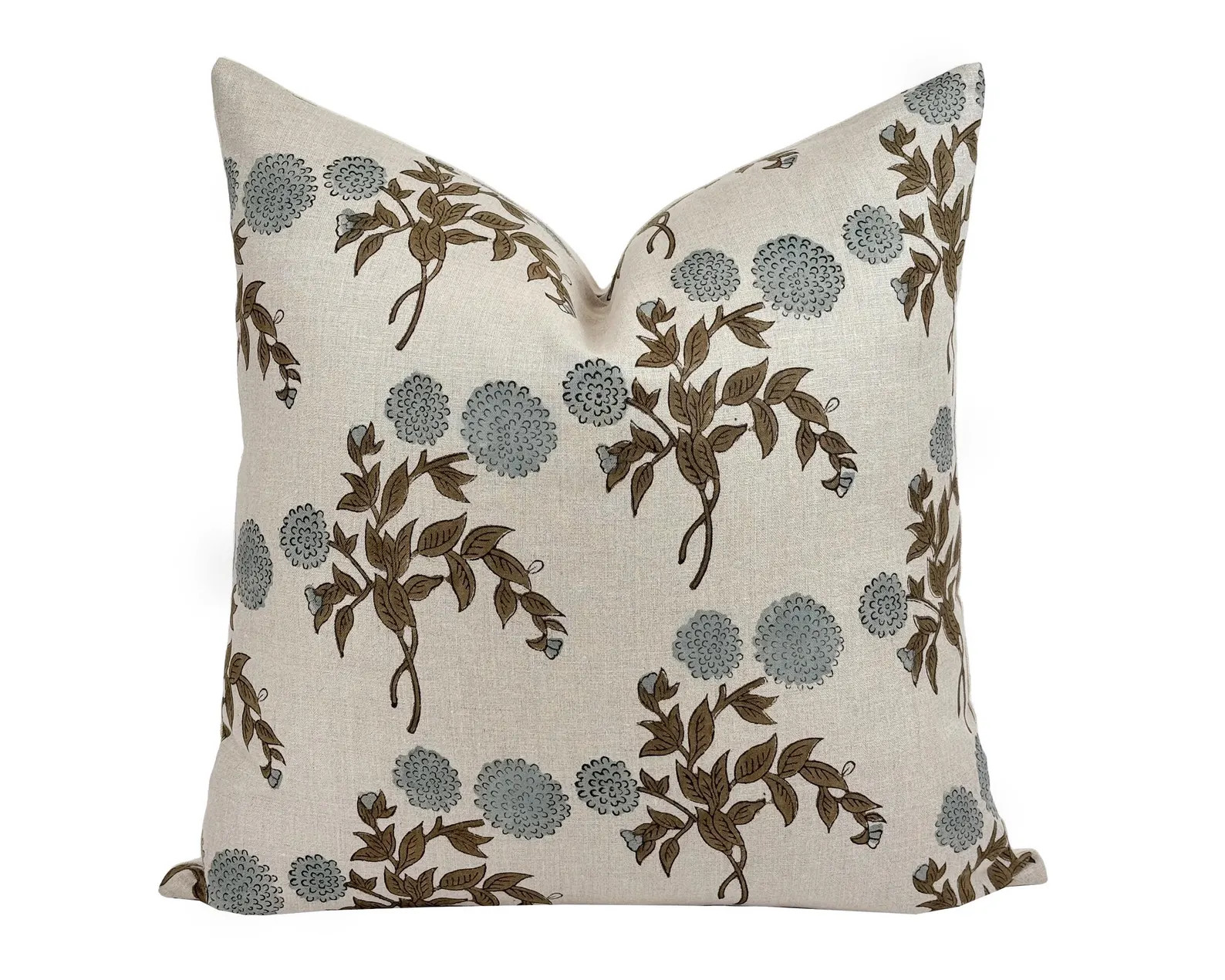 FONTANNE | Designer Grey Blue Floral Linen Pillow Cover, Block Print Pillow, Light Blue Pillow, B... | Etsy (Global)
