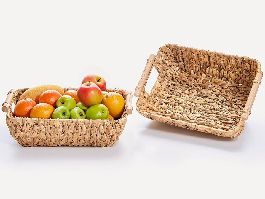 Storage Basket Hand-Woven Large Storage Baskets with Wooden Handles, Water Hyacinth Wicker Basket... | Amazon (US)