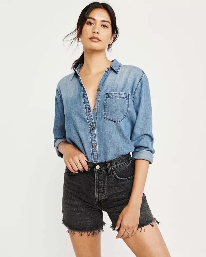 High Rise Mid-Length Denim Shorts | Abercrombie & Fitch US & UK