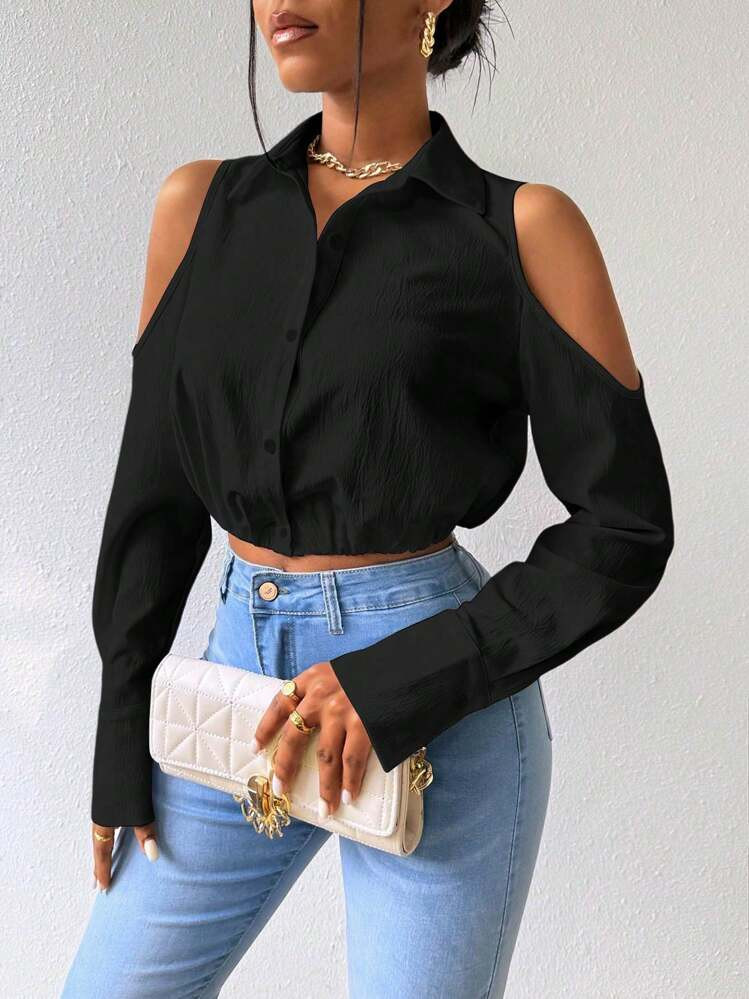 Chiquease Solid Color Cold Shoulder Blouse With Front Button Women Shirt,Long Sleeve Tops Fall Cloth For Women | SHEIN