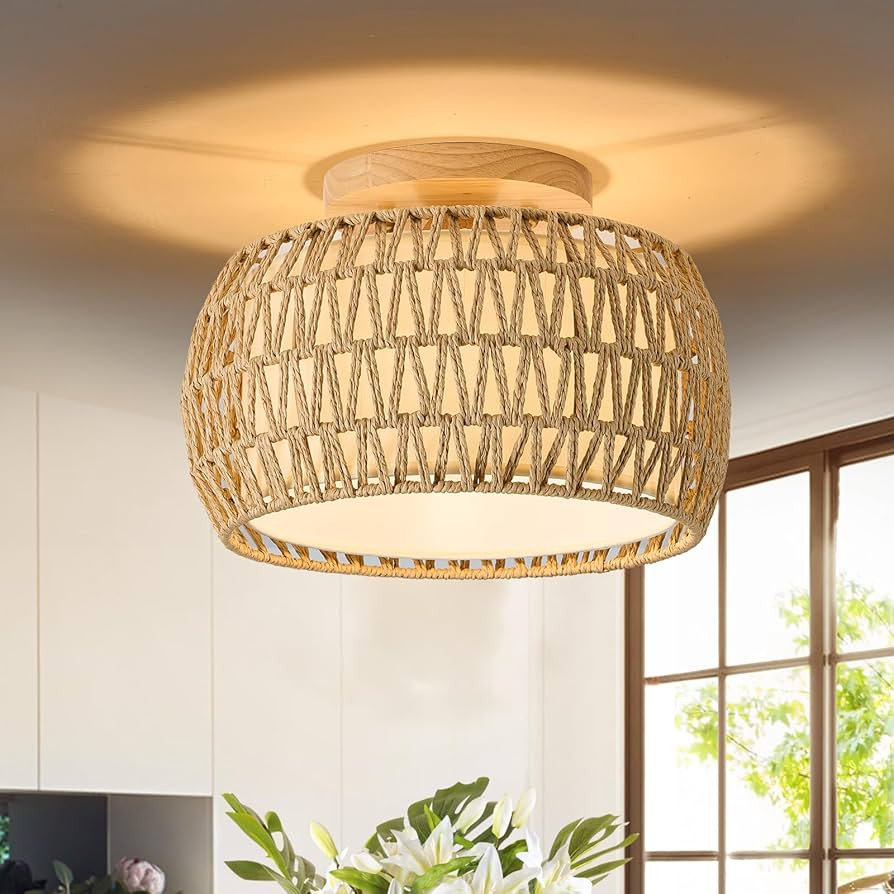 Boho Rattan Flush Mount Ceiling Lights 12 Inch Farmhouse Ceiling Light Fixtures Rustic Wicker Han... | Amazon (US)