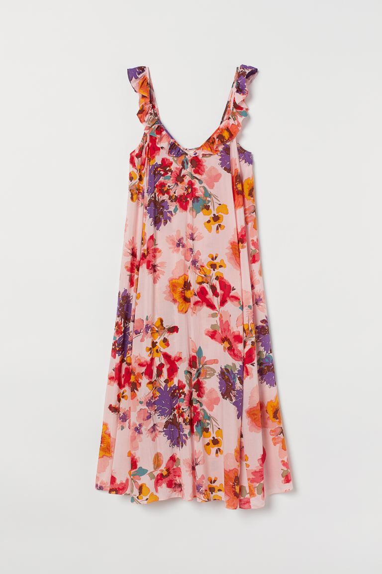 Calf-length, A-line dress in airy, woven fabric. V-neck with ruffle trim extending over shoulder ... | H&M (US)