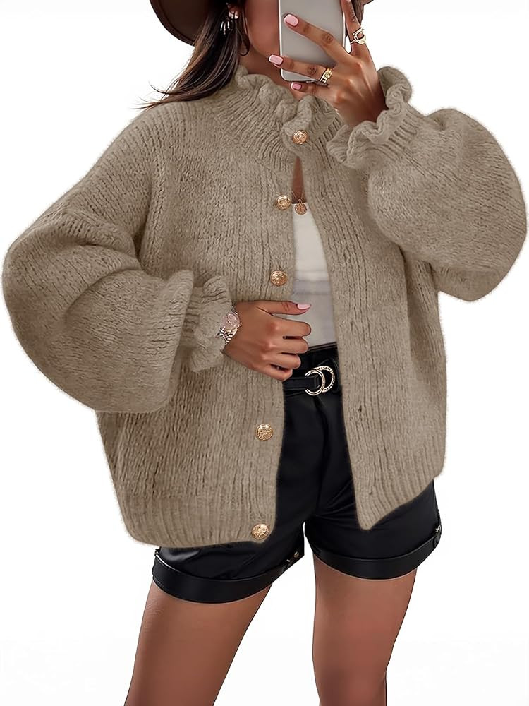 MEROKEETY Women's Ruffle Cardigan Sweaters 2025 Trendy Fashion Button Down Chunky Long Sleeve Cas... | Amazon (US)