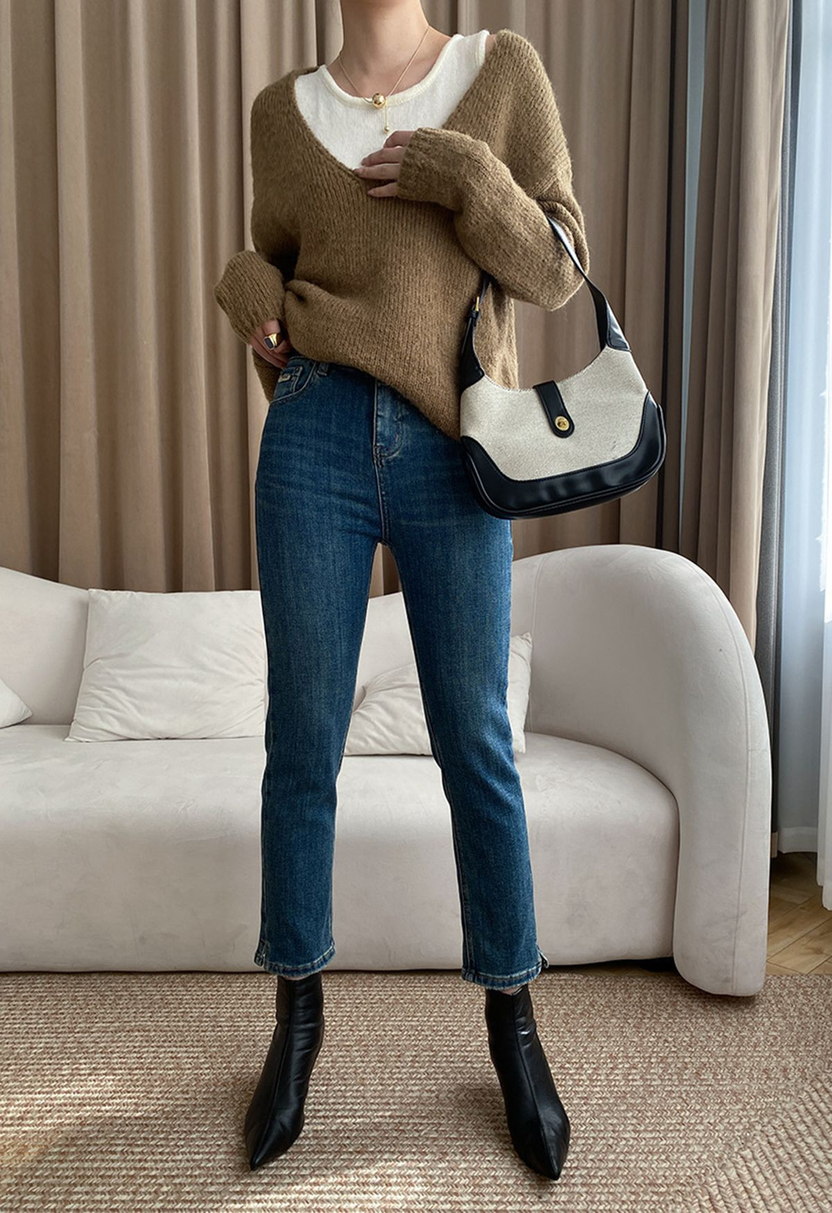 Contrast Tank Top and V-Neck Sweater Set in Brown | Chicwish