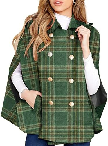 Womens Plaid Jacket Double Breasted Winter Cape Coats Turn Down Poncho with Pockets | Amazon (US)