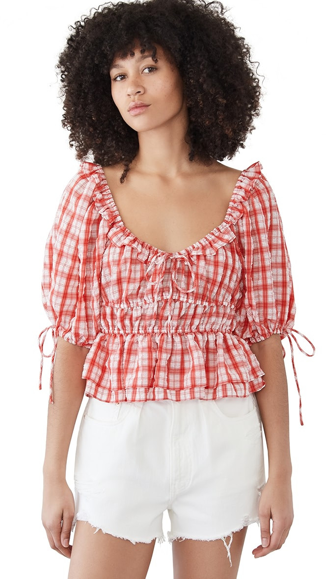 Plaid Blouse with Exaggerated Sleeves | Shopbop