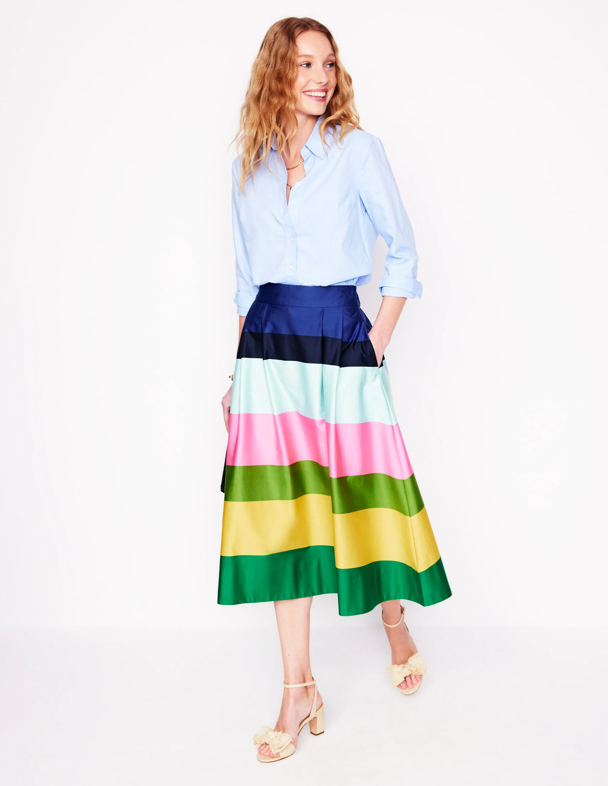 Isabella Cotton Sateen Skirt-Green and Pink Wide Stripe | Boden UK