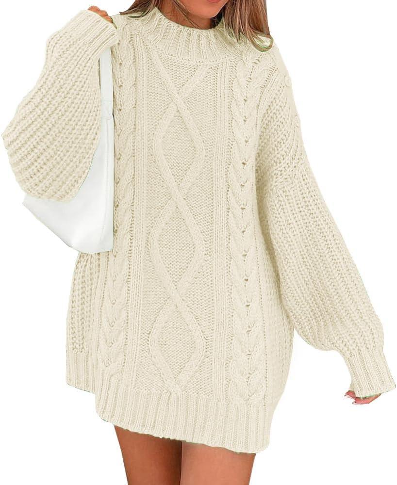LILLUSORY Women's Crewneck Oversized Sweater Dress 2023 Fall Cable Knit Long Sleeve Chunky Casual... | Amazon (US)