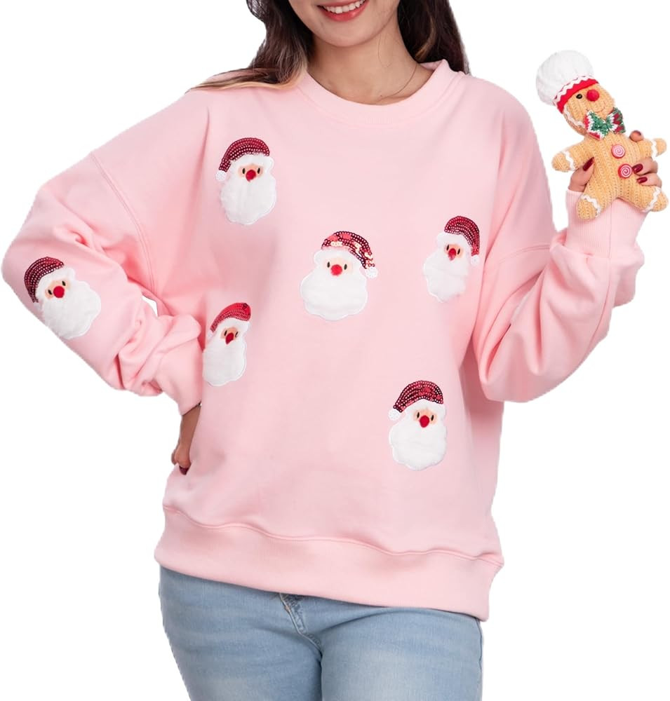 2024 Embroidered Cotton Christmas Sweatshirt for Women Crewneck Pullover Casual Hoodies Graphic S... | Amazon (US)