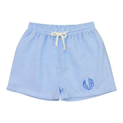 Blue Seersucker Gingham Swim Trunks - Shipping Early March | Cecil and Lou