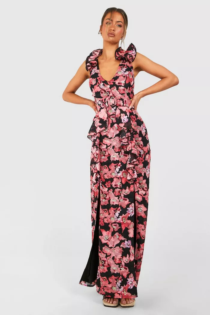 Textured Floral Cut Out Ring Detail Maxi Dress | Boohoo.com (UK & IE)