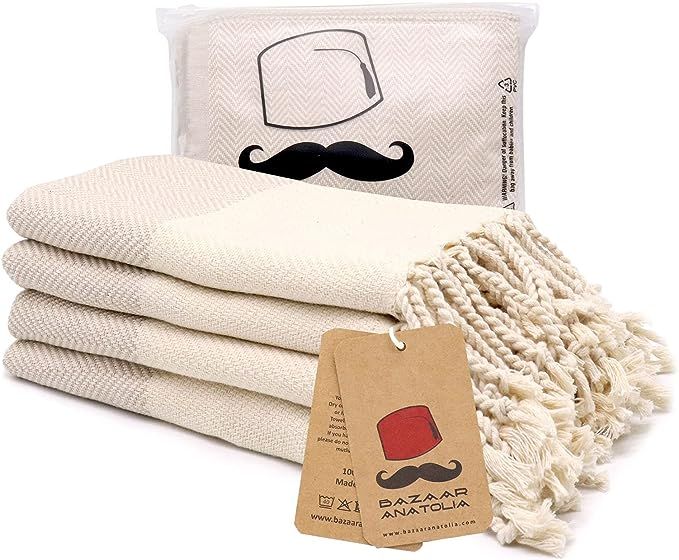 Turkish Hand Towel Set of 4 Herringbone Peshtemal Towel 100% Cotton 45x20" Light Weight Thin Quic... | Amazon (US)