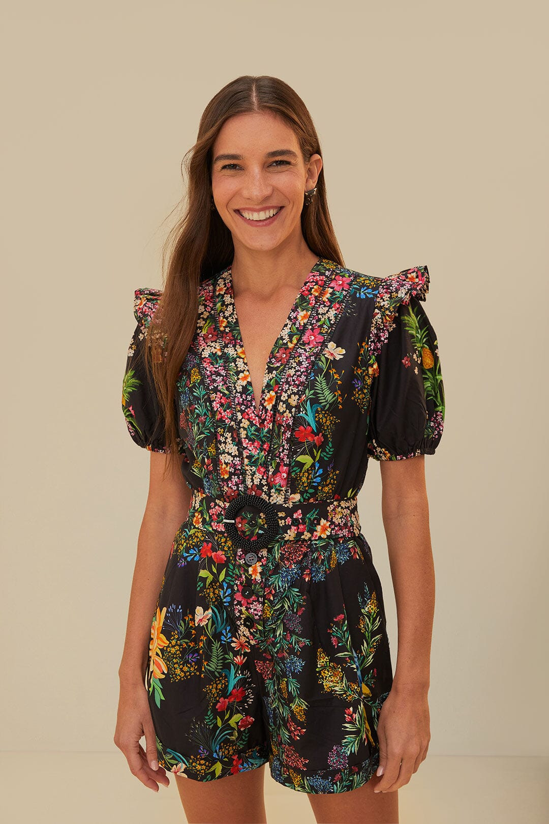 Black Delicate Forest Scarves Organic Cotton Romper | FarmRio (US)