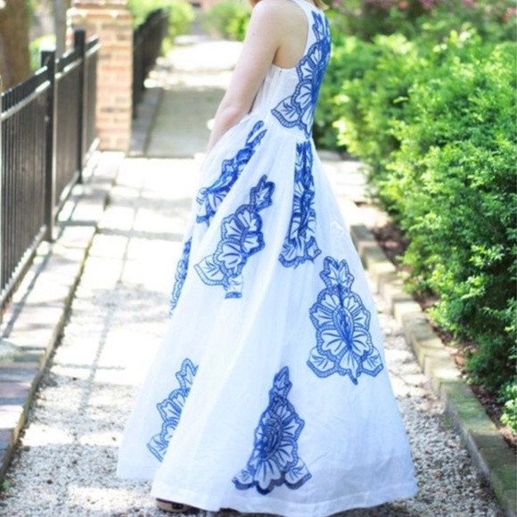 Anthropologie HD in Paris Maxi Dress White with Embroidered Blue Flowers - L | Poshmark