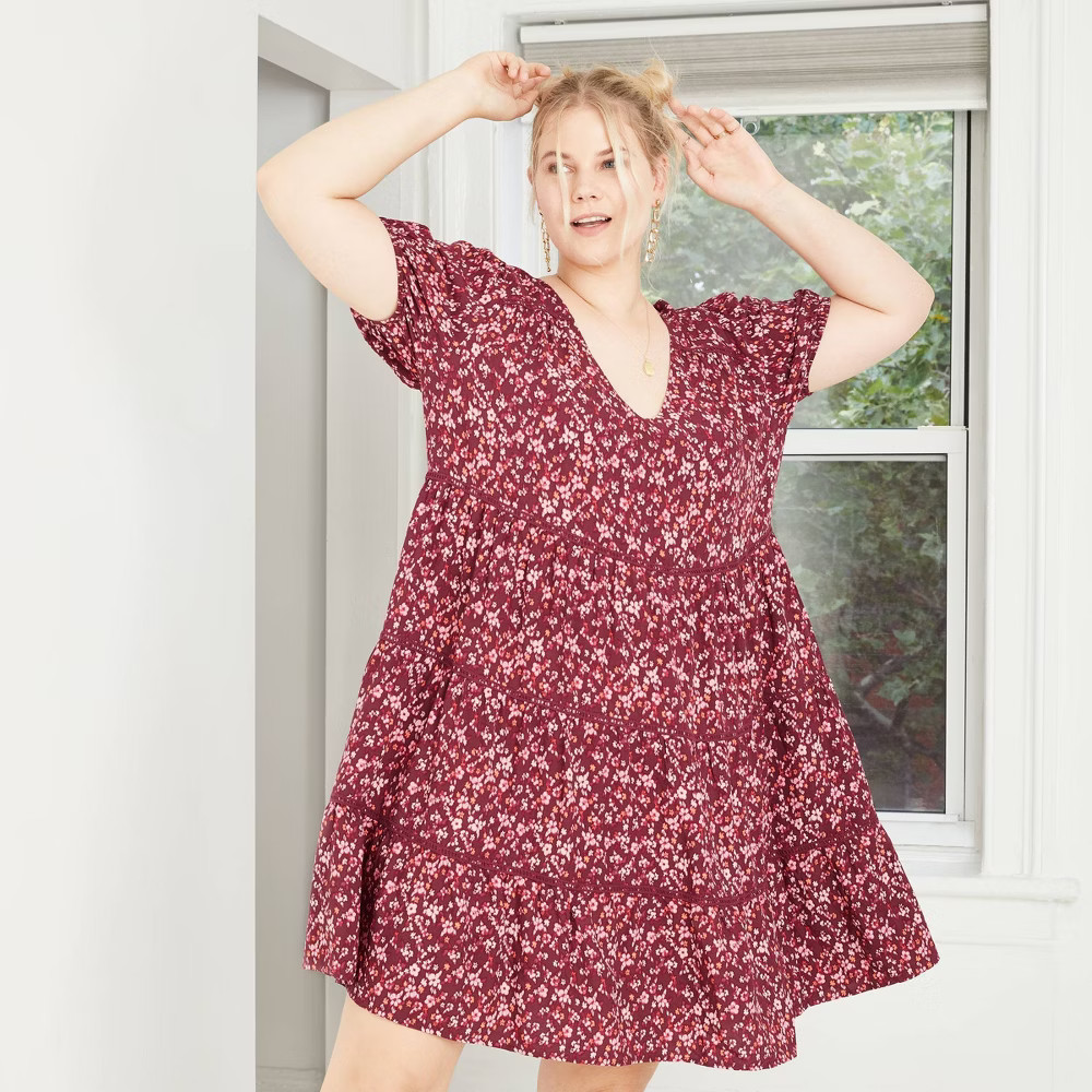 Women's Plus Size Floral Print Short Sleeve Tiered Babydoll Dress - Wild Fable Red 1X | Target