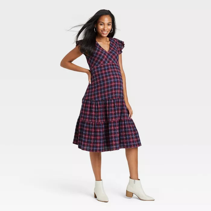 The Nines by HATCH™ Short Sleeve Tiered Maternity Dress - Berry Purple Plaid | Target
