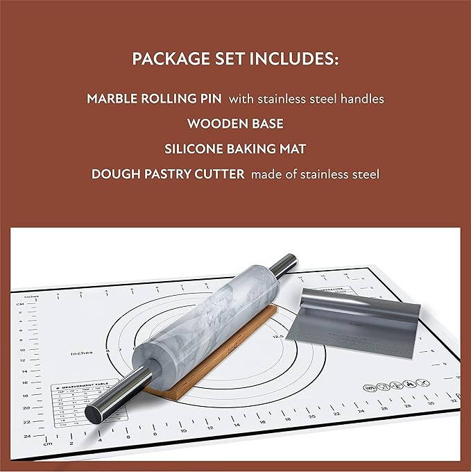 White Marble Rolling Pin with Stainless Steel Handles Baking Set - Silicone Baking Mat, Bench Scr... | Amazon (US)