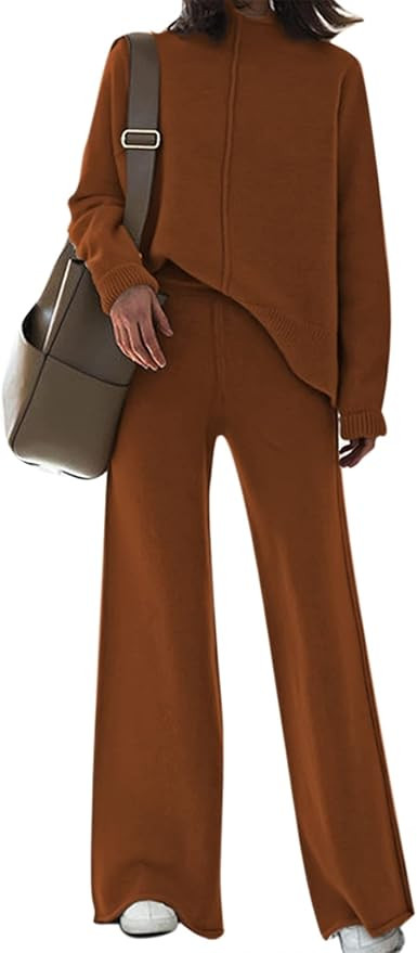 Women 2 Piece Outfits High Neck Knitted Sweater Wide Leg Pant Sweatsuit Lounge Sets | Amazon (US)